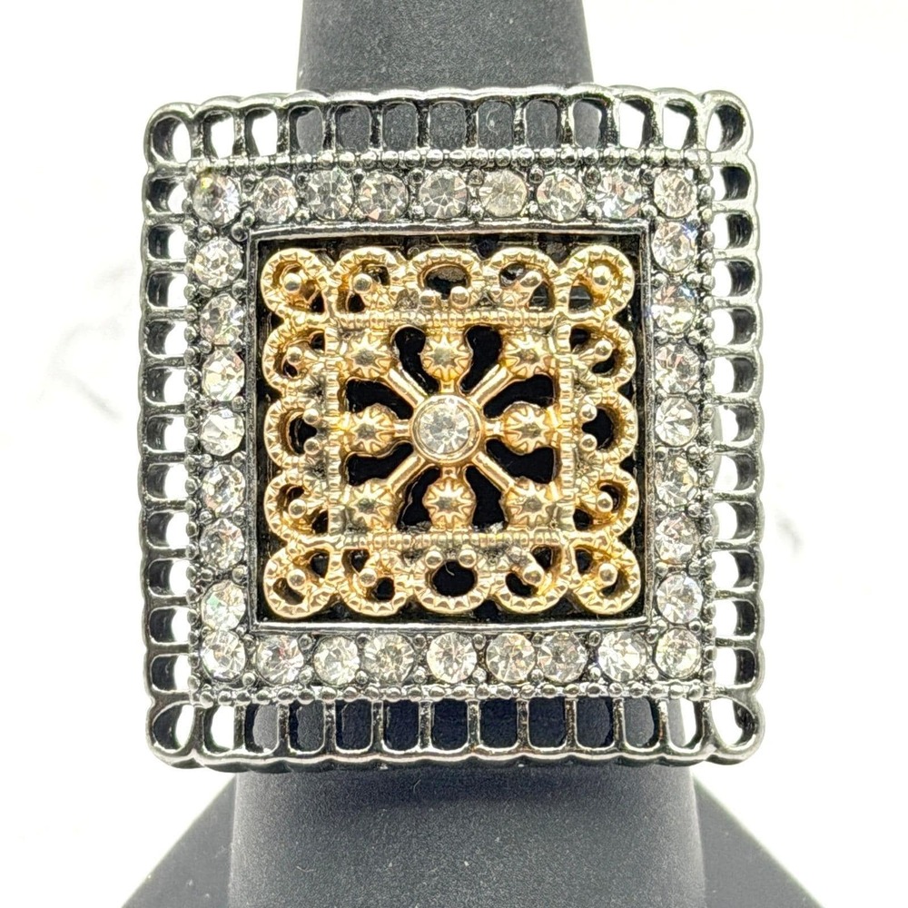 Cocktail Ring Gold Gunmetal Rhinestone Stretch Size 8-9 Chunky‎ Square Statement
